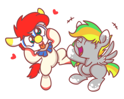 Size: 2560x2048 | Tagged: safe, artist:sugar morning, oc, oc only, oc:jester jokes, oc:odd inks, earth pony, pegasus, pony, clown, female, happy, heart, high res, laughing, male, mare, silly face, stallion