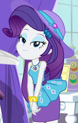 Size: 669x1049 | Tagged: safe, screencap, rarity, camping must-haves, equestria girls, g4, my little pony equestria girls: better together, cap, clothes, cropped, eyeshadow, female, geode of shielding, hat, lidded eyes, looking at you, magical geodes, makeup, pencil skirt, rarity peplum dress, rarity's bedroom, skirt, smiling, solo