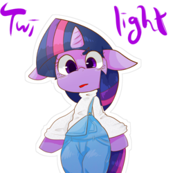 Size: 3000x3000 | Tagged: safe, artist:temmie-kun, twilight sparkle, pony, semi-anthro, g4, arm hooves, big ears, bipedal, clothes, female, high res, looking at you, overalls, shirt, simple background, solo, transparent background