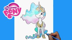 Size: 1280x720 | Tagged: safe, princess celestia, alicorn, pony, unicorn, g4, art, crown, jewelry, my little pony logo, pencil, regalia, simple background