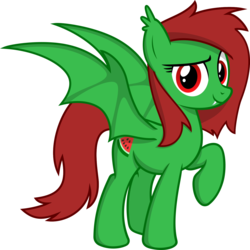 Size: 1495x1494 | Tagged: safe, artist:ravirr94, oc, oc only, oc:watermelon frenzy, bat pony, pony, fangs, food, old design, smiling, solo, standing, watermelon, wings
