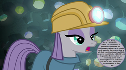 Size: 1125x630 | Tagged: safe, edit, edited screencap, editor:korora, screencap, maud pie, earth pony, pony, g4, rock solid friendship, dialogue, gem, gem cave, headcanon, helmet, implied rarity, mining helmet, speech bubble