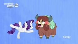Size: 1280x720 | Tagged: safe, screencap, rarity, yona, pony, unicorn, yak, g4, she's all yak, bipedal, bow, cloven hooves, dancing, duo, female, fit right in, gradient background, hair bow, mare, monkey swings