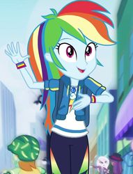 Size: 823x1080 | Tagged: safe, screencap, fleur-de-lis, gallop j. fry, rainbow dash, equestria girls, g4, my little pony equestria girls: better together, run to break free, beautiful, cropped, cute, dashabetes, female, geode of super speed, magical geodes, solo focus, waving