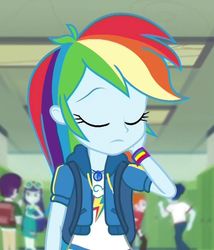 Size: 879x1027 | Tagged: safe, screencap, blueberry cake, curly winds, heath burns, indigo wreath, rainbow dash, some blue guy, equestria girls, g4, my little pony equestria girls: better together, run to break free, background human, beautiful, cropped, cute, dashabetes, eyes closed, geode of super speed, head scratch, magical geodes, male, sad, sadorable, slow motion, solo focus
