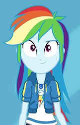 Size: 639x991 | Tagged: safe, screencap, rainbow dash, equestria girls, g4, my little pony equestria girls: better together, run to break free, blue skin, clothes, cropped, cutie mark on clothes, dashabetes, determined smile, eyebrows, female, geode of super speed, hoodie, jewelry, looking at something, magical geodes, multicolored hair, necklace, pink eyes, rainbow hair, raised eyebrow, shirt, smiling, solo