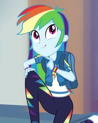 Size: 861x1080 | Tagged: safe, screencap, rainbow dash, equestria girls, equestria girls series, g4, run to break free, spoiler:eqg series (season 2), beautiful, cropped, cute, dashabetes, female, geode of super speed, kneeling, licking, licking lips, magical geodes, solo, tongue out