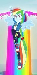 Size: 403x810 | Tagged: safe, screencap, rainbow dash, equestria girls, equestria girls series, run to break free, spoiler:eqg series (season 2), beautiful, converse, cropped, cute, dashabetes, double sonic rainboom, female, flying, geode of super speed, magical geodes, ponied up, rainbow trail, shoes, sneakers, solo, wings