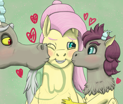 Size: 2000x1700 | Tagged: safe, artist:azurllinate, discord, fluttershy, oc, oc:elegrace flux, draconequus, hybrid, pegasus, pony, g4, blushing, cheek kiss, chest fluff, female, futurehooves, hair bun, heart, holding, horns, interspecies, interspecies offspring, kissing, male, mixed breed, mother's day, next gen:futurehooves, offspring, one eye closed, parent:discord, parent:fluttershy, parents:discoshy, pink mane, red eyes, ship:discoshy, shipping, smiling, straight, wavy hair
