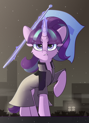Size: 1535x2126 | Tagged: safe, artist:php97, starlight glimmer, android, pony, g4, cheek fluff, city, cityscape, clothes, cosplay, costume, crossover, detroit, detroit: become human, egalitarianism, female, flag, flagpole, glowing horn, horn, levitation, magic, markus, ponified, raised hoof, s5 starlight, snow, snowfall, solo, telekinesis, trenchcoat