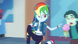 Size: 1192x670 | Tagged: safe, screencap, mint chip, rainbow dash, equestria girls, g4, my little pony equestria girls: better together, run to break free, clothes, female, food, ice cream, lidded eyes, male, smiling