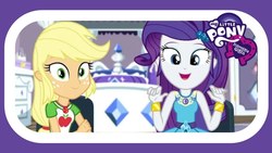 Size: 1280x720 | Tagged: safe, screencap, applejack, rarity, camping must-haves, equestria girls, g4, my little pony equestria girls: better together, bracelet, duo, geode of shielding, geode of super strength, jewelry, magical geodes, makeup, my little pony logo, rarity's bedroom, youtube thumbnail