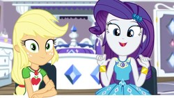 Size: 1280x720 | Tagged: safe, screencap, applejack, rarity, camping must-haves, equestria girls, g4, spoiler:eqg series (season 2), barrette, bed, bracelet, clothes, cutie mark on clothes, door, dresser, duo, female, geode of shielding, geode of super strength, grin, jewelry, looking at you, magical geodes, makeup, rarity peplum dress, rarity's bedroom, shirt, sleeveless, smiling
