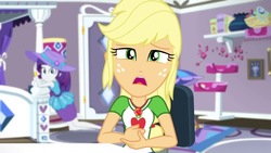 Size: 1280x720 | Tagged: safe, screencap, applejack, rarity, camping must-haves, equestria girls, g4, spoiler:eqg series (season 2), bed, chair, geode of shielding, geode of super strength, hat, magical geodes, rarity's bedroom