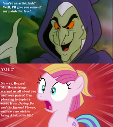 Size: 1280x1440 | Tagged: safe, edit, edited screencap, editor:korora, screencap, beezen, toola roola, fame and misfortune, g1, g4, my little pony 'n friends, the revolt of paradise estate, dialogue, g1 to g4, generation leap, implied ahuizotl, implied daring do, implied lyra, shocked, toola roola will be painting away