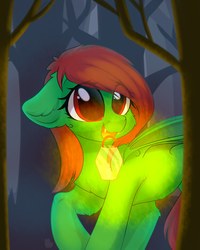 Size: 2000x2500 | Tagged: safe, artist:alphadesu, oc, oc only, oc:watermelon frenzy, bat pony, adorable face, amazed, cute, eyelashes, fangs, floppy ears, food, forest, high res, lantern, light, night, open mouth, surprised, tree, watermelon, wings, ych result