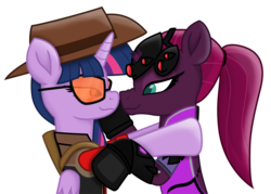 Size: 9695x6952 | Tagged: safe, artist:ejlightning007arts, tempest shadow, twilight sparkle, alicorn, pony, g4, boop, cute, female, hat, lesbian, noseboop, overwatch, ponytail, ship:tempestlight, shipping, simple background, sunglasses, team fortress 2, transparent background, twilight sniper, twilight sparkle (alicorn), vector, widowmaker, widowtempest
