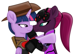 Size: 9695x6952 | Tagged: safe, alternate version, artist:ejlightning007arts, edit, tempest shadow, twilight sparkle, alicorn, pony, g4, boop, cute, female, hat, lesbian, noseboop, overwatch, ponytail, ship:tempestlight, shipping, simple background, team fortress 2, transparent background, twilight sniper, twilight sparkle (alicorn), vector, widowmaker, widowtempest