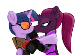 Size: 9695x6952 | Tagged: safe, alternate version, artist:ejlightning007arts, edit, tempest shadow, twilight sparkle, alicorn, pony, g4, boop, cute, female, lesbian, noseboop, overwatch, ponytail, ship:tempestlight, shipping, simple background, sunglasses, team fortress 2, transparent background, twilight sniper, twilight sparkle (alicorn), vector, widowmaker, widowtempest