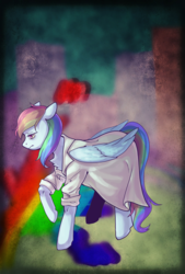 Size: 1551x2300 | Tagged: safe, artist:貂小明, derpibooru exclusive, rainbow dash, pegasus, pony, fanfic:rainbow factory, clothes, commission, fanfic art, female, lab coat, legends of the three kingdoms, mare, multicolored hair, rainbow factory dash, sad, simple background, solo, wallpaper