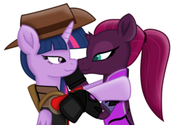 Size: 9695x6952 | Tagged: safe, alternate version, artist:ejlightning007arts, edit, tempest shadow, twilight sparkle, alicorn, pony, g4, boop, crossover, cute, female, hat, lesbian, noseboop, overwatch, ponytail, ship:tempestlight, shipping, simple background, team fortress 2, transparent background, twilight sniper, twilight sparkle (alicorn), vector, widowmaker, widowtempest