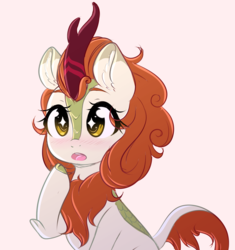 Size: 1688x1794 | Tagged: safe, artist:fluffymaiden, autumn blaze, kirin, sounds of silence, :o, awwtumn blaze, blushing, colored pupils, covering mouth, cute, ear fluff, female, hoof over mouth, leg fluff, looking at something, looking at you, open mouth, pink background, simple background, sitting, solo, starry eyes, three quarter view, white background, wide eyes, wingding eyes