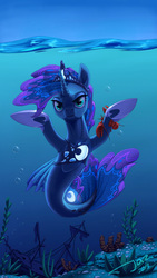 Size: 1200x2133 | Tagged: safe, artist:1jaz, princess luna, lobster, seapony (g4), g4, armpits, bubble, crown, female, fish tail, hoof shoes, horn, jewelry, lidded eyes, looking at you, ocean, regalia, seaponified, seapony luna, ship, shipwreck, signature, solo, species swap, underwater, water