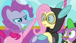Size: 1280x720 | Tagged: safe, screencap, fluttershy, pinkie pie, spike, dragon, earth pony, pegasus, pony, g4, season 9, sparkle's seven, astronaut pinkie, bunny ears, clothes, costume, dangerous mission outfit, discovery family logo, female, fish bowl, goggles, hoodie, hot air balloon, male, mare, space helmet, winged spike, wings