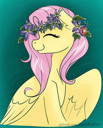 Size: 1280x1596 | Tagged: safe, artist:cadetredshirt, fluttershy, pegasus, pony, g4, cute, eyes closed, female, flower, flower in hair, gradient background, patreon, patreon logo, patreon reward, shyabetes, simple background, smiling, solo