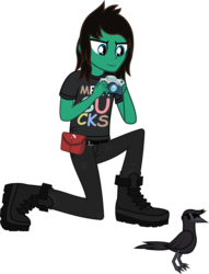 Size: 1416x1859 | Tagged: safe, artist:lightningbolt, derpibooru exclusive, bird, crow, equestria girls, g4, .svg available, boots, camera, clothes, cool crow, drop dead clothing, equestria girls-ified, holding, jeans, kneeling, looking down, male, pants, photography, shirt, shoes, show accurate, simple background, solo, sunglasses, svg, t-shirt, tom sykes, transparent background, vector
