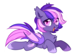 Size: 2300x1700 | Tagged: safe, artist:mirtash, oc, oc only, oc:midnight mist, bat pony, pony, rcf community, bat pony oc, chest fluff, fangs, female, mare, open mouth, prone, simple background, smiling, solo, starry eyes, white background, wingding eyes