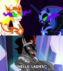 Size: 1280x1440 | Tagged: safe, edit, edited screencap, screencap, daybreaker, king sombra, nightmare moon, pony, unicorn, g4, the beginning of the end, alternate universe, chair, curved horn, hidden wings, horn, hungry, implied alicorn, implied polyamory, implied shipping, implied threesome, it's good to be the king, long live the king, seductive look, seductive pose, sitting, slouching, sombra eyes, stupid sexy sombra, this will end in snu snu, throne, xk-class end-of-the-world scenario