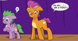 Size: 3057x1625 | Tagged: safe, artist:chedx, smolder, spike, pegasus, pony, unicorn, comic:claws and hooves, g4, blushing, colt, commission, cropped, curtains, duo, exclamation point, female, foal, interrobang, looking down, male, mare, ponified, ponified spike, pony smolder, question mark, species swap, speech bubble, spread wings, stage, surprised, teenager, wide eyes, wings