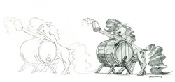 Size: 1751x823 | Tagged: safe, artist:baron engel, pinkie pie, earth pony, pony, g4, barrel, cider, female, grayscale, mare, monochrome, palindrome get, pencil drawing, simple background, sketch, tankard, traditional art, white background