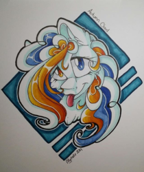 Size: 503x600 | Tagged: safe, artist:mychelle, oc, oc only, oc:autumn cloud, pony, bust, female, heterochromia, mare, portrait, solo, tongue out, traditional art