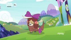 Size: 1280x720 | Tagged: safe, screencap, yona, yak, g4, she's all yak, bow, cloven hooves, eyes closed, female, hair bow, hat, monkey swings, solo, umbrella