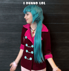 Size: 328x336 | Tagged: safe, artist:krazykari, sonata dusk, human, g4, animated, clothes, cosplay, costume, gif, idk, irl, irl human, photo, shrug, text, the dazzlings