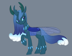 Size: 1155x901 | Tagged: safe, artist:carnifex, oc, oc only, oc:myxine, changedling, changeling, changeling queen, aside glance, changedling oc, changeling oc, changeling queen oc, female, gray background, raised hoof, simple background, solo, story included