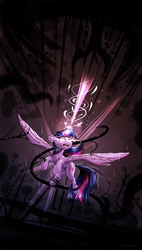 Size: 1500x2642 | Tagged: safe, artist:rysunkowasucharia, twilight sparkle, alicorn, pony, g4, angry, female, fight, flying, glowing eyes, glowing horn, horn, magic, solo, spread wings, tentacles, twilight sparkle (alicorn), wings