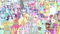Size: 1280x720 | Tagged: safe, screencap, aloe, amethyst star, apple bloom, applejack, berry punch, berryshine, big macintosh, bon bon, bulk biceps, carrot cake, carrot top, cheerilee, cherry berry, cloudchaser, cup cake, daisy, derpy hooves, diamond tiara, dj pon-3, doctor whooves, flitter, flower wishes, fluttershy, golden harvest, granny smith, lemon hearts, lily, lily valley, linky, lotus blossom, lyra heartstrings, mayor mare, minuette, octavia melody, pinkie pie, pipsqueak, pokey pierce, pound cake, pumpkin cake, rainbow dash, rarity, roseluck, sassaflash, scootaloo, sea swirl, seafoam, shoeshine, silver spoon, snails, snips, sparkler, spike, spring melody, sprinkle medley, sunshower raindrops, sweetie belle, sweetie drops, thunderlane, time turner, twilight sparkle, twinkleshine, twist, vinyl scratch, yona, alicorn, dragon, earth pony, pegasus, pony, unicorn, yak, g4, she's all yak, the cutie re-mark, bow, bowtie, cloven hooves, colt, cowboy hat, cutie mark crusaders, female, filly, fit right in, glasses, hair bow, hat, jewelry, looking at you, male, mane seven, mane six, mare, monkey swings, necklace, puzzle, stallion, twilight sparkle (alicorn), wall of tags