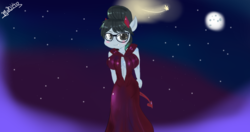 Size: 1280x678 | Tagged: safe, artist:mrscurlystyles, raven, earth pony, anthro, g4, luna eclipsed, clothes, costume, devil costume, devil horns, dress, glasses, hair bun, horns, nightmare night, solo