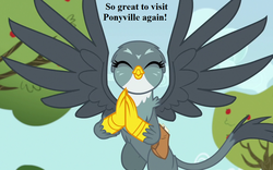 Size: 1152x720 | Tagged: safe, edit, edited screencap, editor:korora, screencap, gabby, griffon, g4, the fault in our cutie marks, apple, apple tree, cropped, cute, dialogue, food, gabbybetes, mailbag, tree