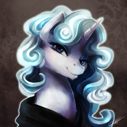 Size: 3000x3000 | Tagged: safe, artist:yummiestseven65, rarity, pony, unicorn, g4, it isn't the mane thing about you, bust, chest fluff, clothes, cloud mane, cute, ear fluff, female, high res, lidded eyes, mare, portrait, raribetes, signature, smiling, solo