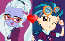 Size: 2596x1660 | Tagged: safe, artist:themexicanpunisher, indigo zap, sugarcoat, equestria girls, g4, my little pony equestria girls: friendship games, clothes, crossed arms, crystal prep academy uniform, ear piercing, female, glasses, goggles, heart, high res, lesbian, one eye closed, open mouth, piercing, school uniform, ship:sugarzap, shipping, shipping domino, wink