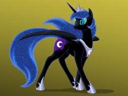 Size: 2000x1500 | Tagged: safe, artist:nebulastar985, nightmare moon, alicorn, pony, g4, cute, cute little fangs, ethereal mane, fangs, female, gradient background, hoof shoes, jewelry, looking at something, mare, moonabetes, peytral, regalia, simple background, solo, spread wings, starry mane, tiara, wings