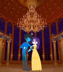 Size: 1804x2076 | Tagged: safe, artist:ds59, rarity, oc, oc:dragun shot, equestria girls, g4, beauty and the beast, belle, candle, canon x oc, castle, clothes, date, date night, drarity, dress, interior, night, prince adam, stars, suit, tale as old as time