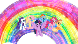 Size: 2560x1440 | Tagged: safe, applejack, fluttershy, pinkie pie, rainbow dash, rarity, twilight sparkle, alicorn, earth pony, pegasus, pony, unicorn, g4, official, mane six, rainbow, twilight sparkle (alicorn), youtube banner