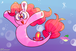 Size: 1237x839 | Tagged: safe, artist:1racat, pinkie pie, spike, puffer fish, seapony (g4), g4, my little pony: the movie, bubble, cute, diapinkes, duo, open mouth, seaponified, seapony pinkie pie, species swap, spike the pufferfish, that pony sure does love being a seapony, underwater
