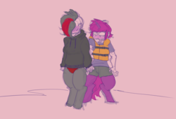 Size: 3496x2362 | Tagged: safe, artist:helloiamyourfriend, oc, oc:bella, oc:strawberry soda, satyr, blushing, clothes, high res, holding hands, hoodie, lifejacket, panties, parent:oc:miss eri, parent:tempest shadow, underwear