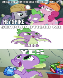 Size: 660x816 | Tagged: safe, edit, edited screencap, editor:undeadponysoldier, screencap, maud pie, pinkie pie, spike, dragon, earth pony, pony, a dog and pony show, g4, rock solid friendship, bad quality, caption, female, gem cave, gemstones, helmet, image macro, male, mare, meme, mike, mining helmet, notice me senpai, peanut butter gamer, reference, senpai, senpai noticed me, ship:maudspike, text, wagon, winged spike, wings, wrong aspect ratio